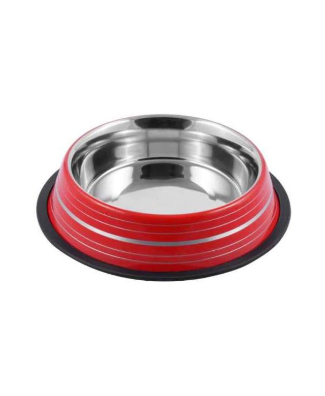 Red Non-Tip Bowl with Silver Stripes