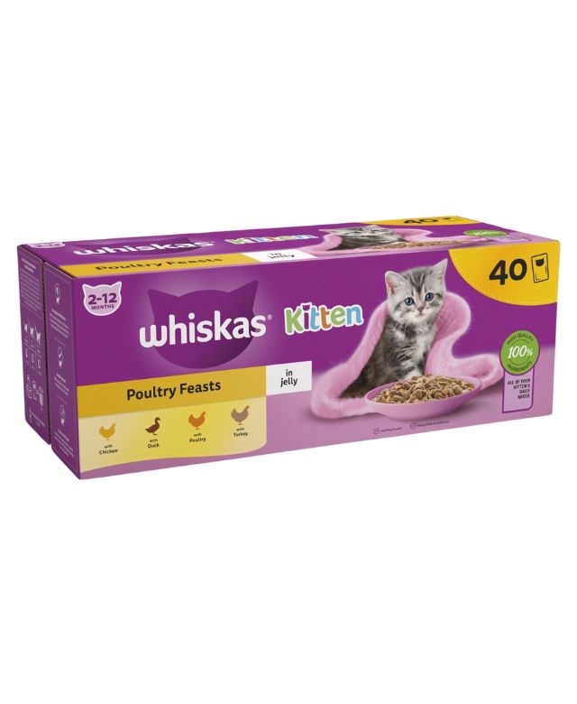 Whiskas 2-12mths Kitten Pouches Poultry Feasts in Jelly 40Pk
