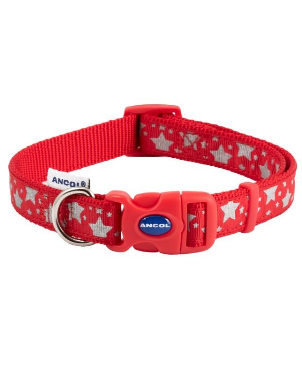 Ancol Fashion Collar Red Reflective Stars Adjustable 20-30cm- 5016646693525