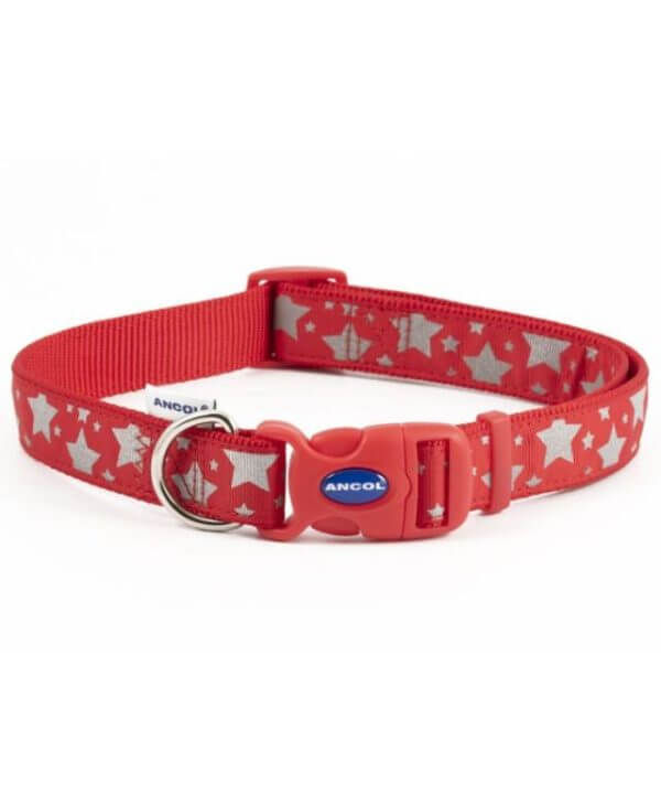 Ancol Fashion Collar Red Reflective Stars Adjustable 45-70cm - Size 5-9- 5016646693723